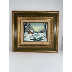 Original Oil Painting Of Winter Scene Cottage In Snowy Forest Framed 16”x 18 VTG